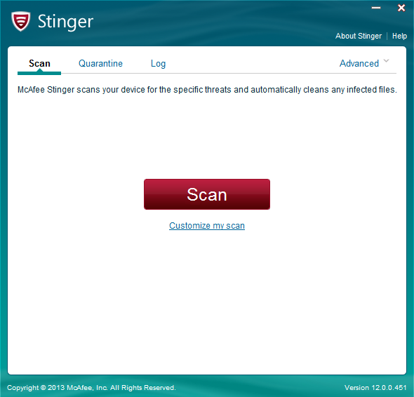 免费病毒清除工具 McAfee Stinger 32-bit 12.1.0.2847